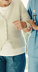 Balance, hands and old woman with physiotherapist in clinic for consulting or rehabilitation. Assistance, help and chiropractor with senior patient in office for healing, recovery or therapy session