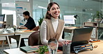 Happy, laptop and face of businesswoman in office with confidence for career in finance. Smile, professional and portrait of financial manager with pride for job opportunity or about us at agency.