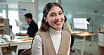 Happy, professional and face of businesswoman in office with confidence for career in finance. Smile, coworking and portrait of financial manager with pride for job opportunity or about us at agency.