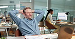 Businessman, relax and stretching with laptop in office for finished tasks or project completion. Happy man, employee or break with smile on computer for done deadline or productive day in workplace