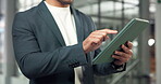 Businessman, online and hands with tablet in office, market research and plan for investment on app. Business, wealth management and person with technology, scroll and risk assessment on website