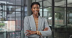 Crossed arms, happy and face of black woman in office with confidence for career in finance. Smile, about us and portrait of financial manager with pride for job opportunity, internship or project.
