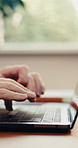 Laptop, typing or hands in office for research, risk assessment or asset management report. Computer, keyboard or person in company for financial review, email draft or project information on website