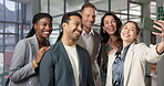 Happy, selfie and group of business people together in office for social media post, profile or team. Laugh, photograph and online presence with connection, internet and diversity or belonging