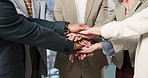Stack, applause and hands of business people in office for solidarity, achievement and support. Corporate, professional and workers in huddle for meeting, company success and goals for collaboration