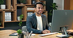 Business, review or man in agency with computer, expense analysis or research on funding pitch. Reading, digital or finance advisor with tech, budget control or strategy report in investment proposal