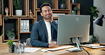 Computer, tired or man in office with neck pain from poor posture, strain or overworked with burnout. Technology, injury and person with fatigue in business, muscle tension or discomfort with stress