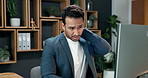 Computer, tired or man at work with neck pain from poor posture, strain or overworked with burnout. Technology, injury and person with fatigue in office, muscle tension or discomfort with stress