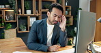 Headache, stress and businessman with computer in office with deadline for finance report. Technology, mistake and financial manager with migraine for error on investment proposal in workplace.