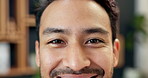 Smile, face and businessman in office with confidence for startup creative agency growth. Happy, closeup and portrait of male magazine editor with pride for career, ambition or about us in workplace