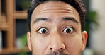 Face, businessman and shocked in office for bad news, unexpected rumor and workplace gossip. Portrait, male person and confused for false information, scandal announcement and damaged reputation