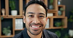 Smile, face and businessman in office with laugh for startup, creative agency and growth. Portrait, funny joke and happy magazine editor with pride for career, ambition or about us in workplace