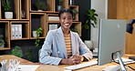 Face, about us and black woman in office with computer, smile or confident sustainability consultant. Career growth, happy person and professional with desktop, eco friendly advisor and empowerment