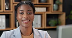 Face, about us and black woman in office with smile as confident sustainability consultant. Career growth, happy person and professional with computer, eco friendly advisor and CSR in business