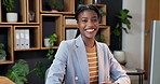 Face, smile and black woman in office with computer, about us or confident sustainability consultant. Career growth, happy person and professional with desktop, eco friendly advisor and business