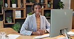 Face, computer and happy woman in call center, help and customer service consultant in office. Headset, black person and support agent with technology, typing and contact us for assistance with smile