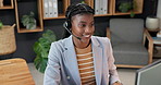 Talking, computer and woman in call center, help desk and customer service consultant with smile. Headset, happy black person and technology for support query, typing and contact us for assistance