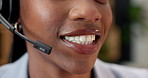 Mouth, headset and woman in call center, help and customer service consultant with smile. Mic, happy black person and speaking to client for support query, solution and contact us for assistance