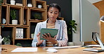 Business, black woman and typing in office with tablet, research and email buyer for real estate. Person, realtor and reading in workplace with tech, property pricing and schedule viewing for auction