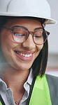 Architect, laughing and woman with glasses in building, graphs and planning for construction budget. Eyewear, reflection and happy person with helmet, online and research for renovation cost on web