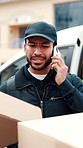 Stress, delivery man or phone call with box outdoor for wrong address, customer delay or logistics. Van, worker or frustrated on mobile chat for shipment mistake, difficult building access or transit