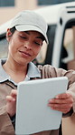 Tablet, woman and delivery with boxes for shipping, digital schedule and dispatch notification. Happy, technology and logistics for cargo service, distribution and online courier database app