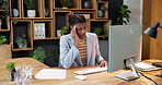 Woman, headache or stress in office with computer, finance report deadline or tired of online glitch. Exhausted, black person and migraine in business with desktop, financial admin and network error.