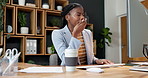 Tired, woman and yawn in business with computer, typing HR report and fatigue from payroll deadline. Black person, burnout and long hours in office with pc, review timesheet and human resources work.
