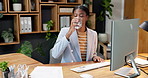 Office, computer and business woman with water for report, marketing campaign and advertising. Happy, creative and African person with drink, hydration and pc for internet, website review and project
