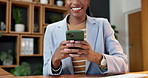 Woman, hands and browsing in business with phone, check text message and social media app on break. Happy, person and typing in office with tech, internet connectivity and online chat for company.
