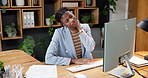 Tired, woman and neck pain in office with computer, typing finance report and audit deadline stress. Exhausted, black person and work long hours in business with pc, muscle tension or accounting job.