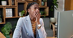 Bored, woman and yawn in office with computer, fatigue and tired of human resources administration. Exhausted, black person and HR worker in workplace with desktop, boring task or low energy for job.
