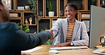 Handshake, woman and thank you in office for interview, recruitment and human resources agreement. Happy people, shaking hands and hiring with job offer, opportunity and laugh for onboarding process