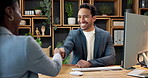 Handshake, man and interview in office for hiring, recruitment and human resources agreement. Happy people, shaking hands and thank you with job offer, opportunity and talk for onboarding process