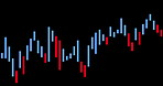 Graph, chart and dark background with line for statistics, insight and info for finance report. Display, infographics and animation for profit increase, decrease and financial growth for analytics