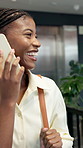 Happy, businesswoman and walk in office with phone call, work communication or greeting for coworker. Person, smile and tech in workplace with contact, schedule meeting and say hello to colleague.