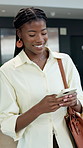 Happy, businesswoman and walk in office with phone, typing text message and greeting for colleague. Person, smile and send email in workplace with tech, check online calendar or say hello to coworker