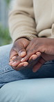 Anxiety, mental health and hands of woman in home with stress, concern or bad news on weekend. Nervous, mistake and person in living room with error, challenge or memory on ptsd in apartment.