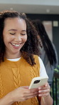 Woman, smile and walk in office with phone, typing text message and greeting colleague in morning. Happy, person and send email in workplace with tech, check online calendar or say hello to coworker.