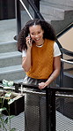 Happy, woman and talk in office with phone call, connectivity and proposal for sustainable business. Person, smile and conversation on stairs with tech, contact and planning for eco friendly project.
