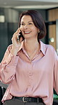 Businesswoman, laugh and phone call in office, talking or discussion for property investment update. Happy, realtor and mature person with mobile, real estate and funny chat with contact in business