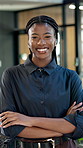 Face, business and black woman in office with smile, career pride and real estate agent for about us. Portrait, person and happy in workplace with arms crossed, realtor consultant and property resale