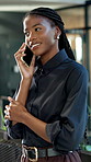 Businesswoman, smile and phone call in office, listen and discussion for property investment update. Happy, realtor and black person with mobile, real estate or communication with contact in business