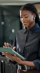Smile, business and black woman in office with tablet, research and email client for viewing. Happy, realtor and review in workplace with digital, buyer inquiry and pricing property for auction offer