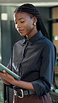 Smile, business and woman in office with tablet, research and email client for viewing schedule. Happy, realtor and review in workplace with tech, buyer inquiry and pricing property for auction offer