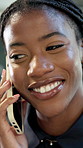 Phone call, chat or black woman in office with smile, ad feedback or discussion on creative pitch. Talking, happy or brand advisor with tech, campaign brief or client response on marketing proposal.