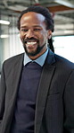 Face, business and black man in office with smile, career pride and real estate agent for about us. Portrait, male person and happy in workplace with ambition, property consultant and auction resale