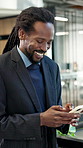 Happy, business and black man in office with phone, research and email client for viewing. Realtor, typing or mobile in workplace for negotiation, buyer inquiry and pricing property for auction offer