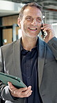 Phone call, chat and businessman with tablet, laughing or discussion for property investment update. Happy, realtor and black person with mobile, communication and check real estate listing with tech