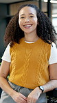 Face, woman and copywriter in office with smile, career pride and about us for gathering news. Portrait, female person or happy employee in workplace with reporter, public relations and media company